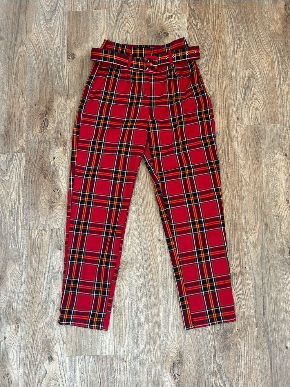 Collectif Red Tartan High-Waist Belted Pants